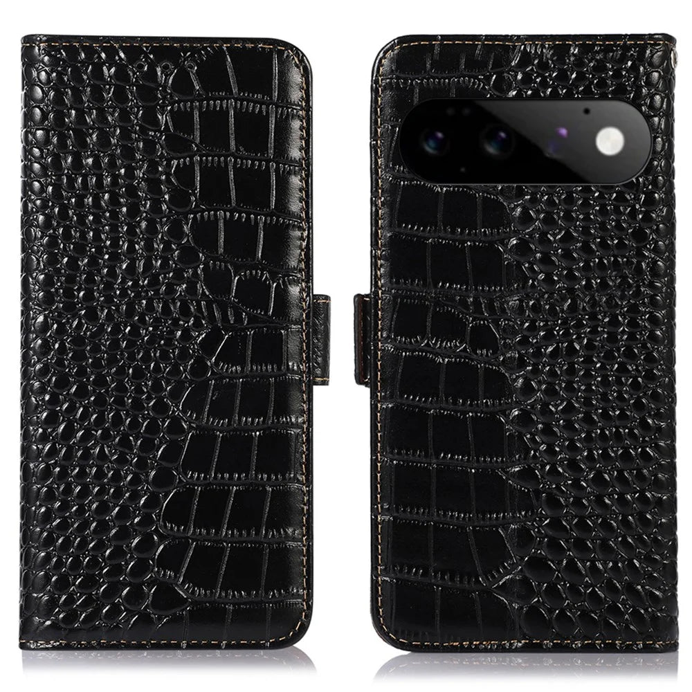For Google Pixel 11 Pro Case RFID Blocking Wallet Crocodile Texture Genuine Cow Leather Phone Cover - Black - 1