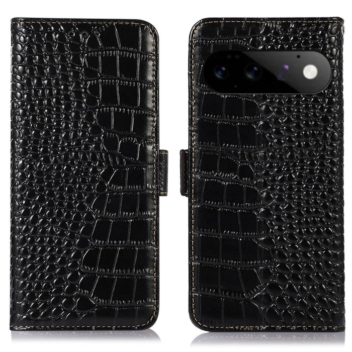 For Google Pixel 11 Pro Case RFID Blocking Wallet Crocodile Texture Genuine Cow Leather Phone Cover - Black - 1