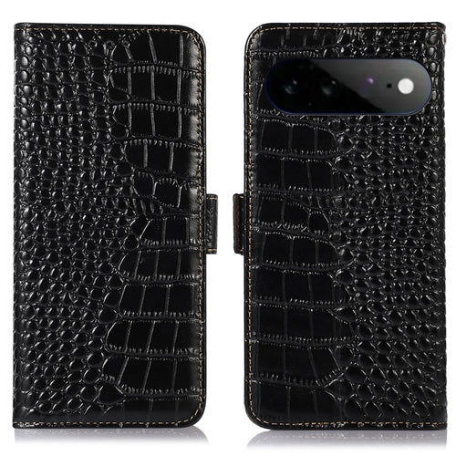 For Google Pixel 11 Pro XL Case RFID Blocking Wallet Crocodile Texture Genuine Cow Leather Phone Cover - Black - 1