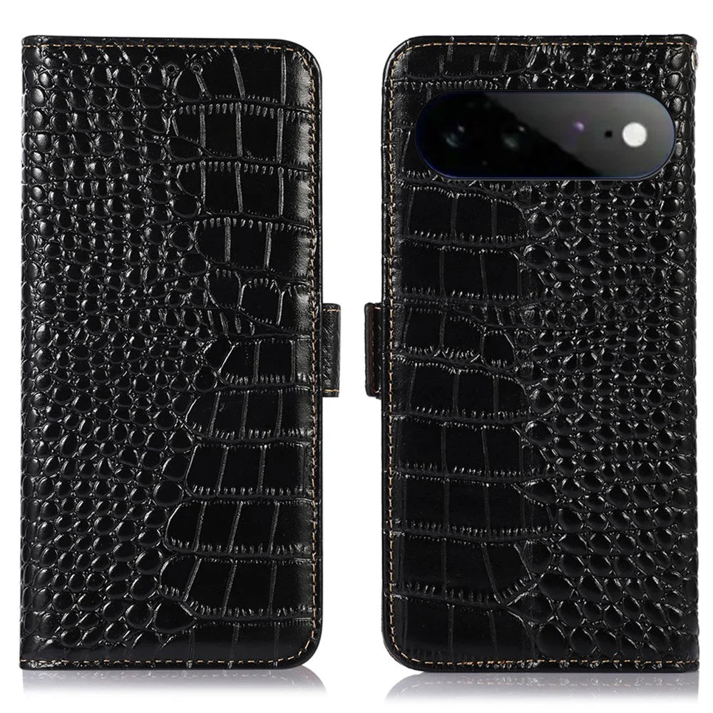 For Google Pixel 11 Pro XL Case RFID Blocking Wallet Crocodile Texture Genuine Cow Leather Phone Cover - Black - 1