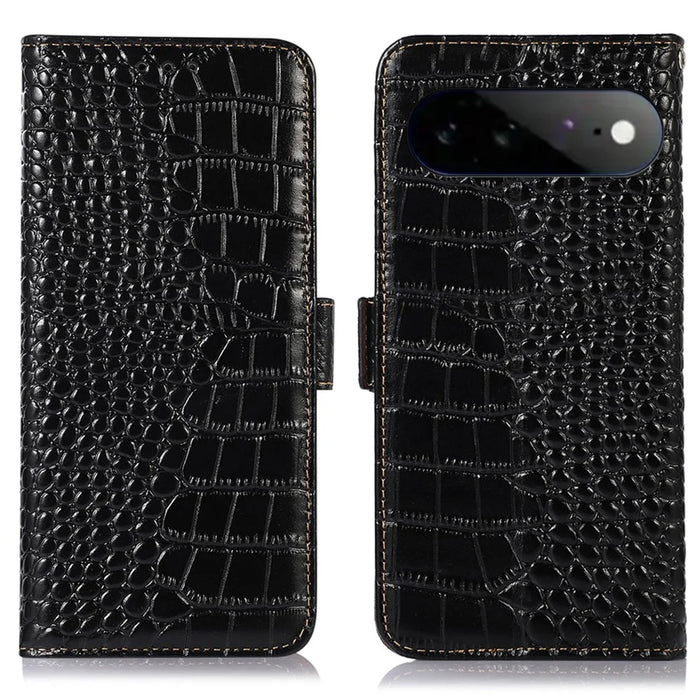For Google Pixel 11 Pro XL Case RFID Blocking Wallet Crocodile Texture Genuine Cow Leather Phone Cover - Black - 1