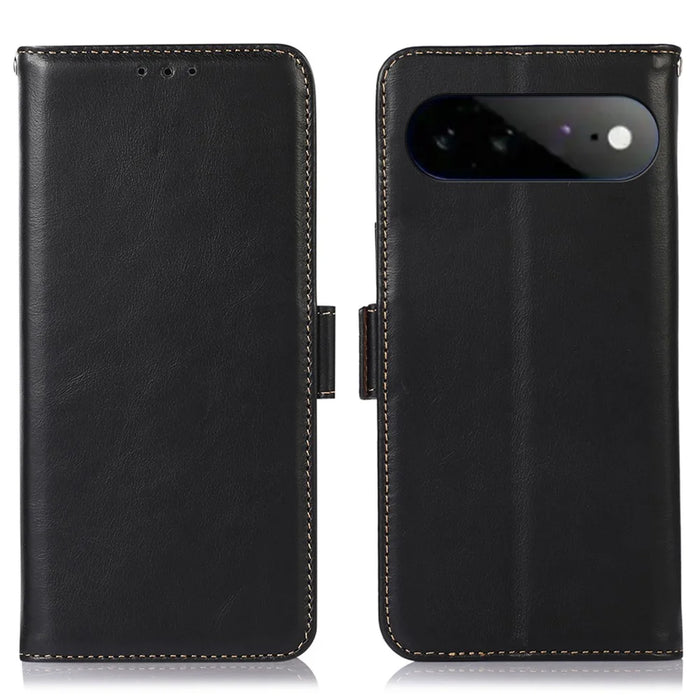 For Google Pixel 11 Pro XL Case RFID Blocking Genuine Cow Leather Wallet Phone Cover - Black - 1