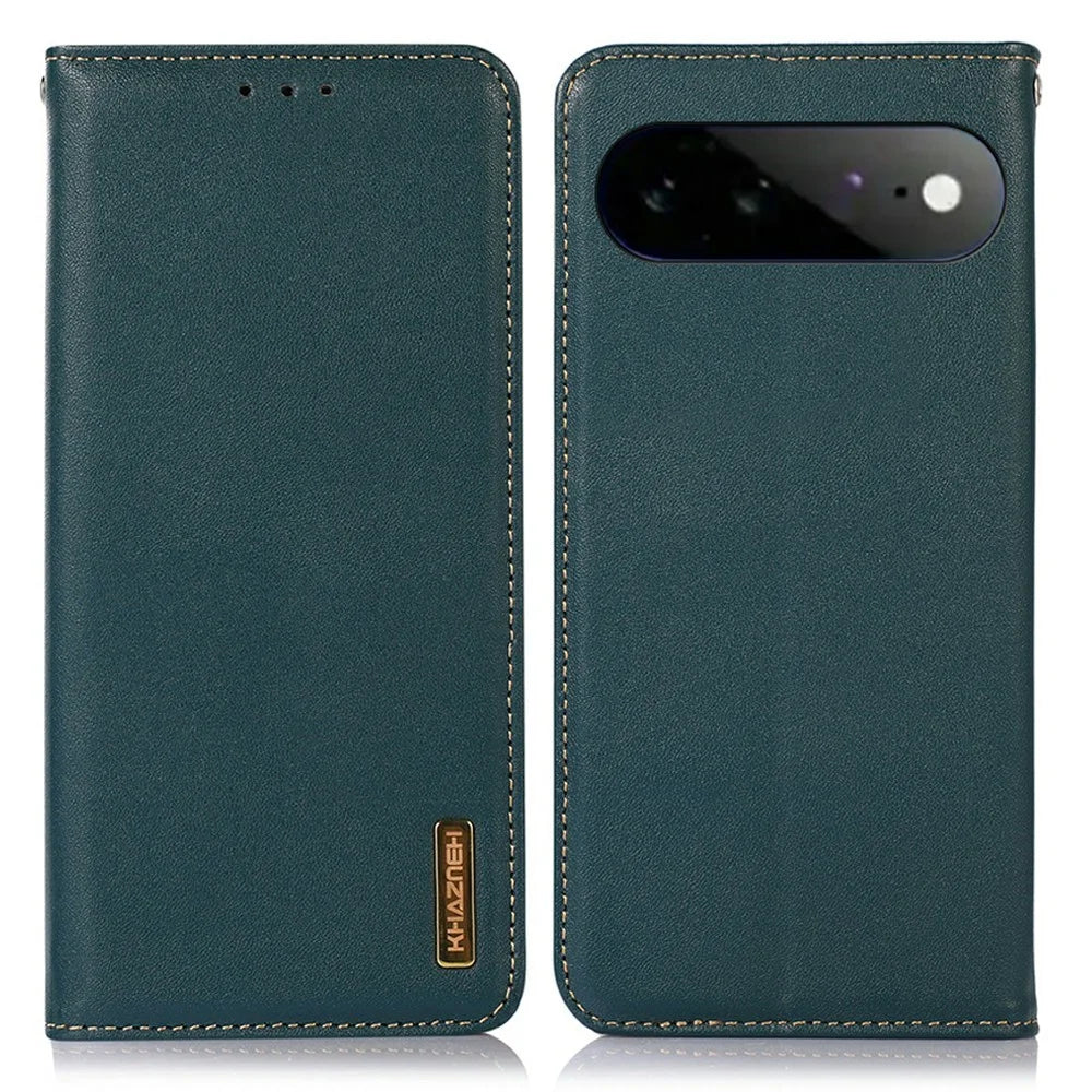KHAZNEH For Google Pixel 11 Pro XL Case Wallet Genuine Cow Leather Phone Cover Nappa Texture - Green - 1