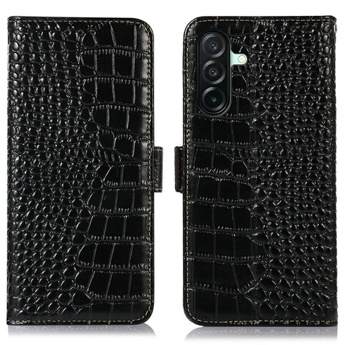 For Samsung Galaxy A27 5G Case RFID Blocking Wallet Crocodile Texture Genuine Cow Leather Phone Cover - Black - 1