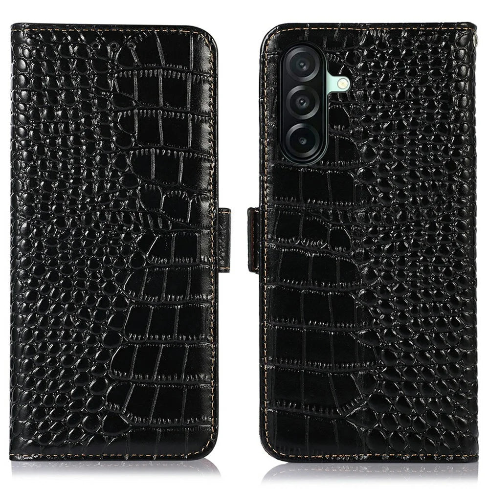 For Samsung Galaxy A27 5G Case RFID Blocking Wallet Crocodile Texture Genuine Cow Leather Phone Cover - Black - 1