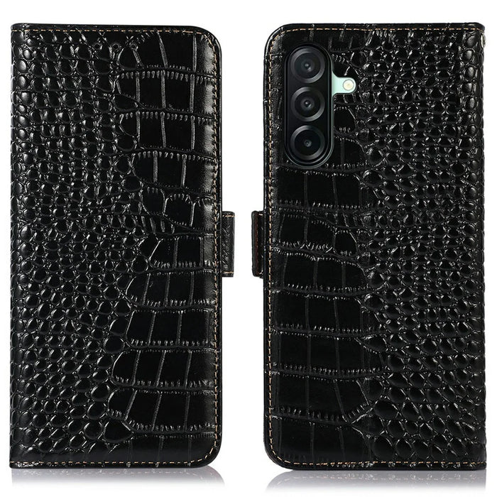 For Samsung Galaxy A27 5G Case RFID Blocking Wallet Crocodile Texture Genuine Cow Leather Phone Cover - Black - 1