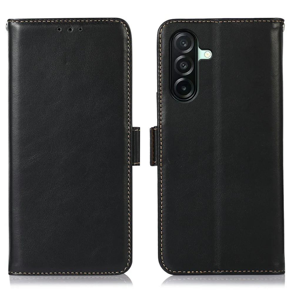 For Samsung Galaxy A27 5G Case RFID Blocking Genuine Cow Leather Wallet Phone Cover - Black - 1