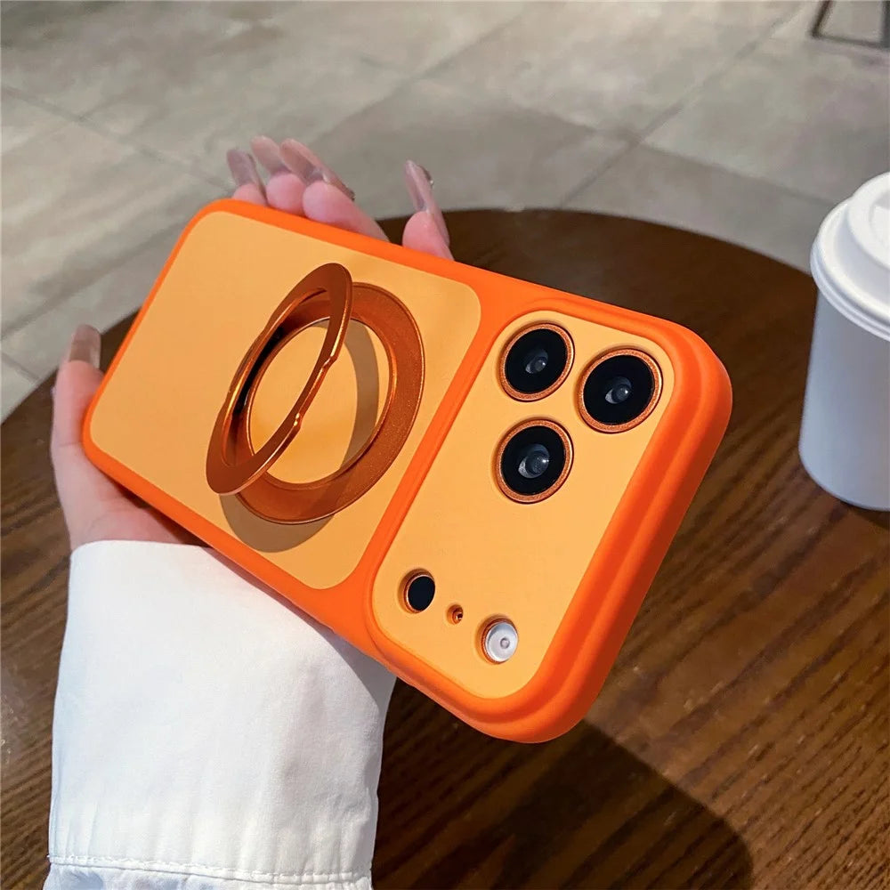 For iPhone 17 Pro Max Cell Phone Case with 360° Rotating Ring Kickstand Skin-feel Shockproof PC TPU Protective Cover - Orange - 2