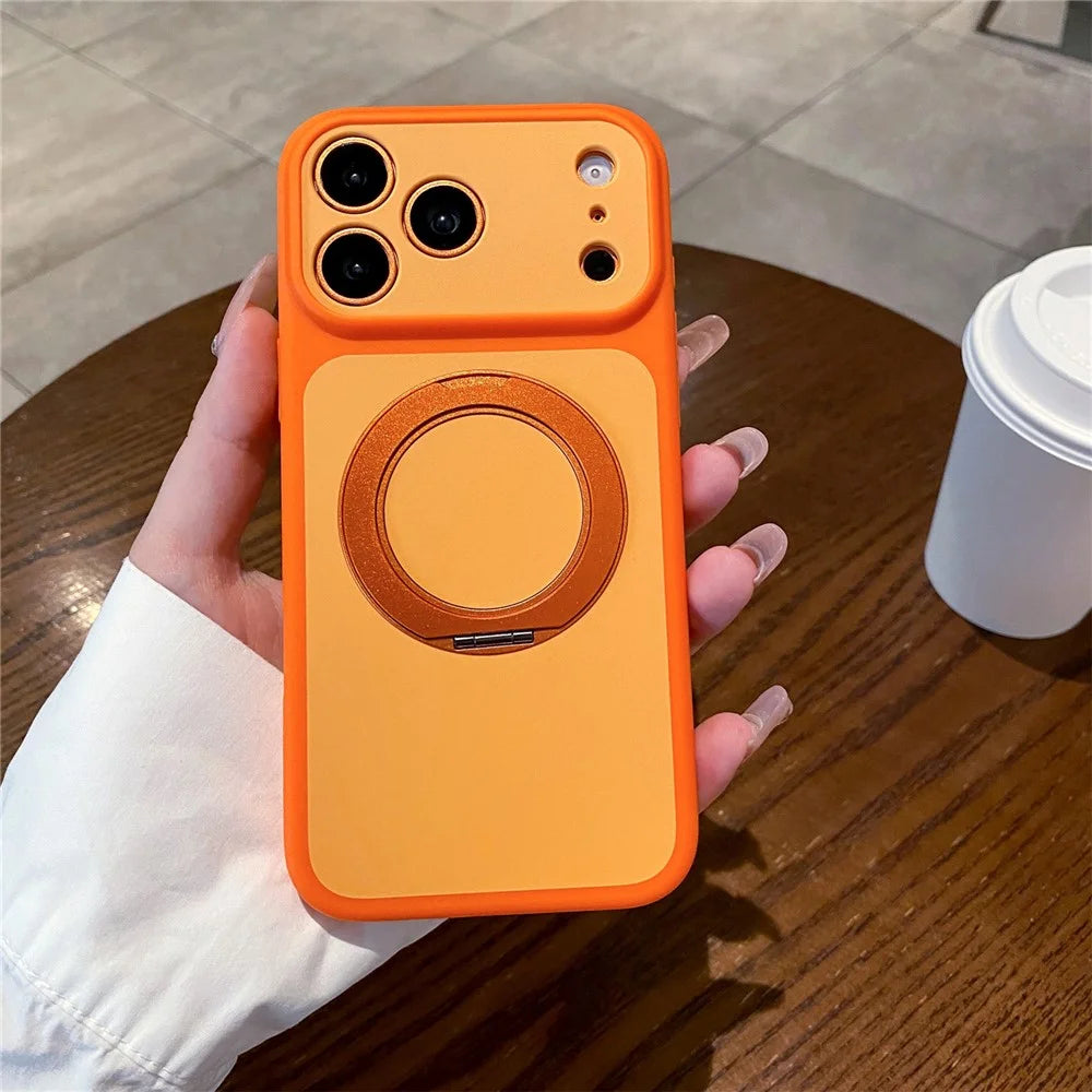 For iPhone 17 Pro Cell Phone Case with 360° Rotating Ring Kickstand Skin-feel Shockproof PC TPU Protective Cover - Orange - 3