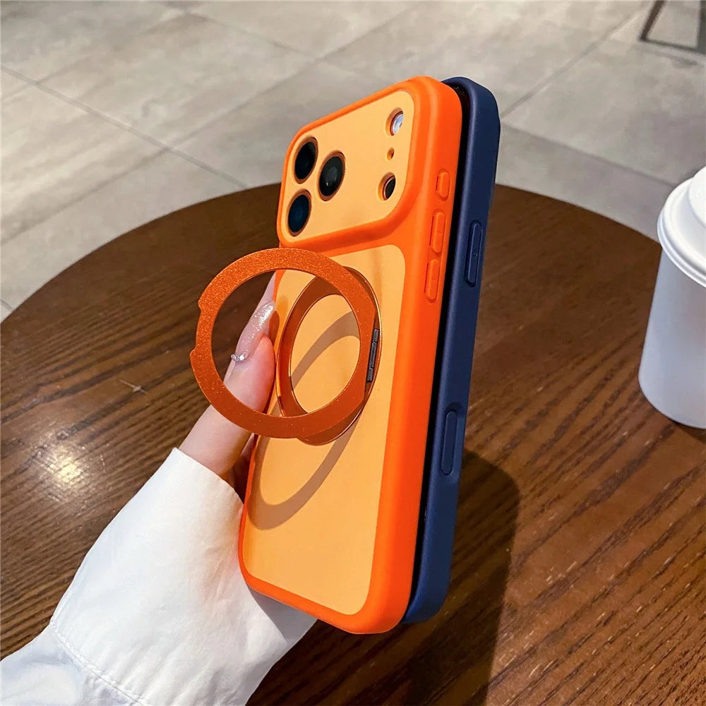 For iPhone 17 Pro Cell Phone Case with 360° Rotating Ring Kickstand Skin-feel Shockproof PC TPU Protective Cover - Orange - 4