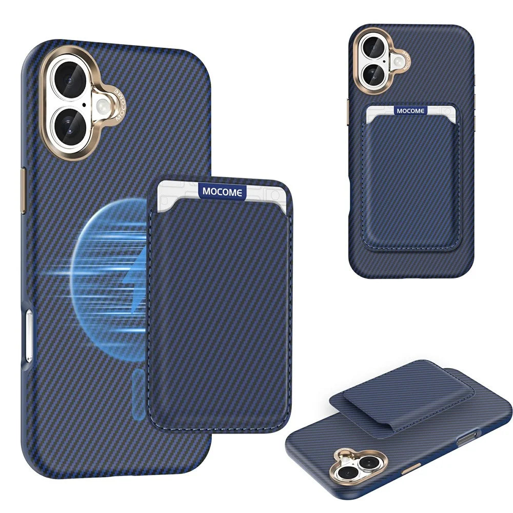 For iPhone 16 Plus Magnetic Case Carbon Fiber Texture Leather Back Phone Cover with Detachable Card Holder - Sapphire - 1