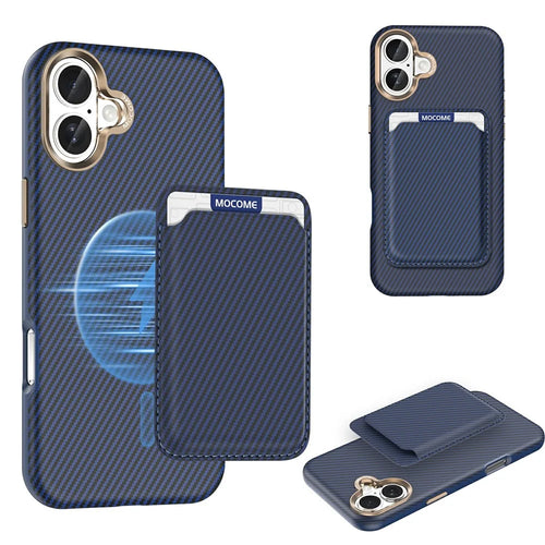 For iPhone 16 Plus Magnetic Case Carbon Fiber Texture Leather Back Phone Cover with Detachable Card Holder - Sapphire - 1