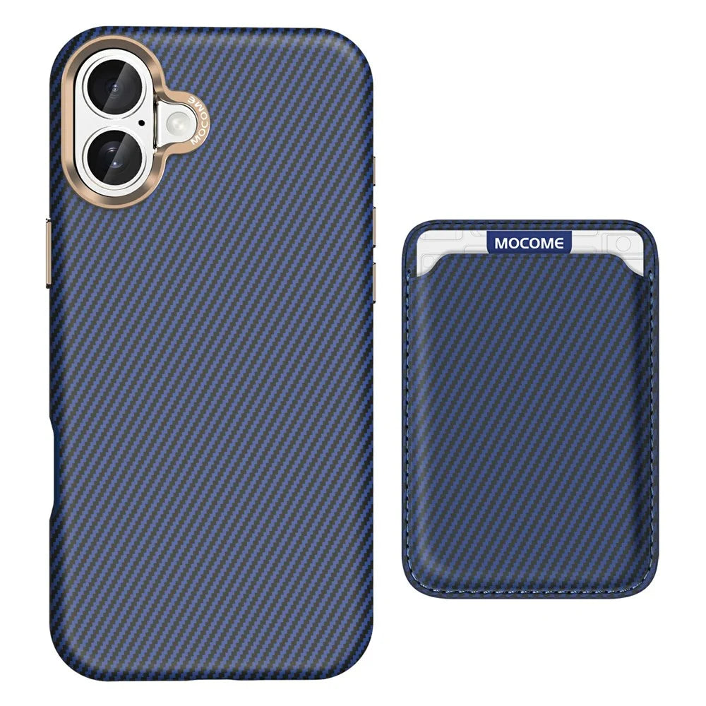 For iPhone 16 Plus Magnetic Case Carbon Fiber Texture Leather Back Phone Cover with Detachable Card Holder - Sapphire - 2
