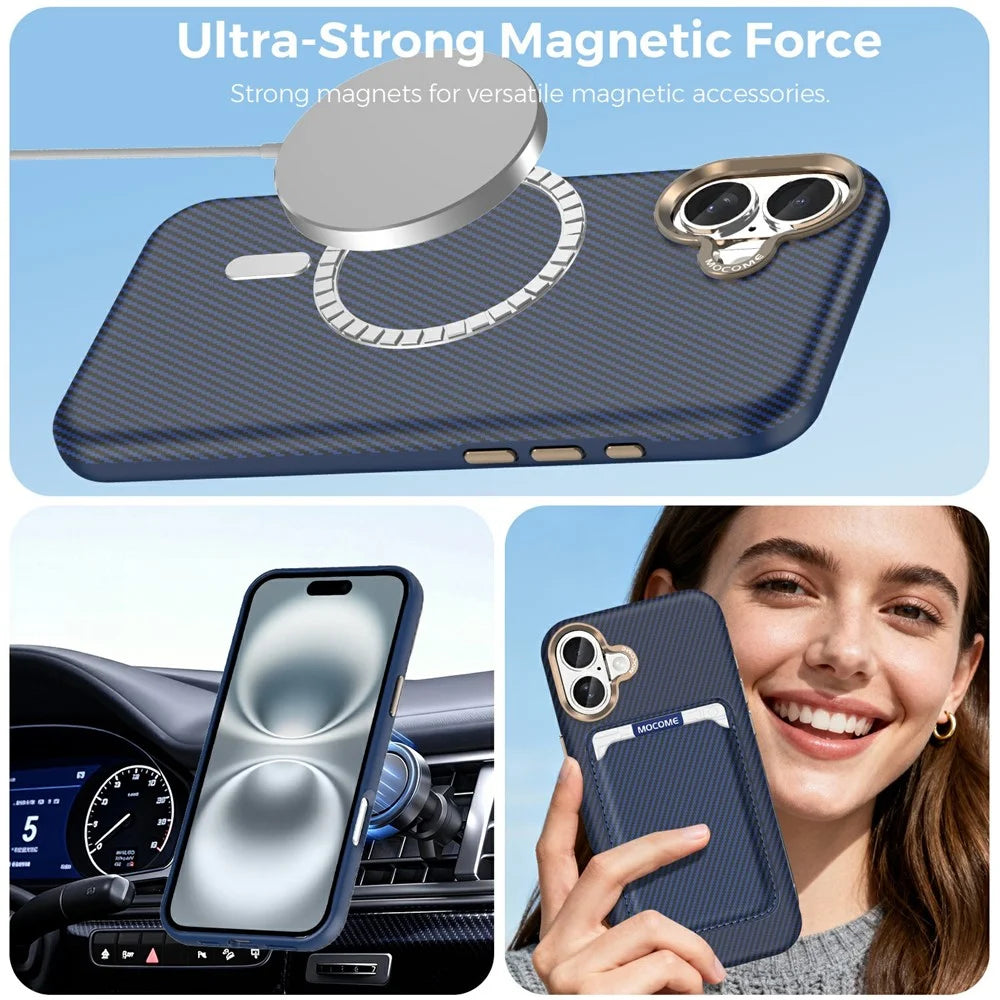 For iPhone 16 Plus Magnetic Case Carbon Fiber Texture Leather Back Phone Cover with Detachable Card Holder - Sapphire - 5
