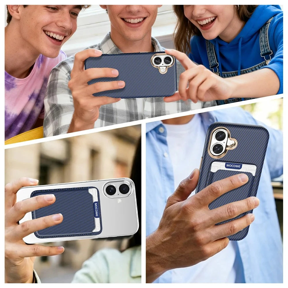 For iPhone 16 Plus Magnetic Case Carbon Fiber Texture Leather Back Phone Cover with Detachable Card Holder - Sapphire - 6