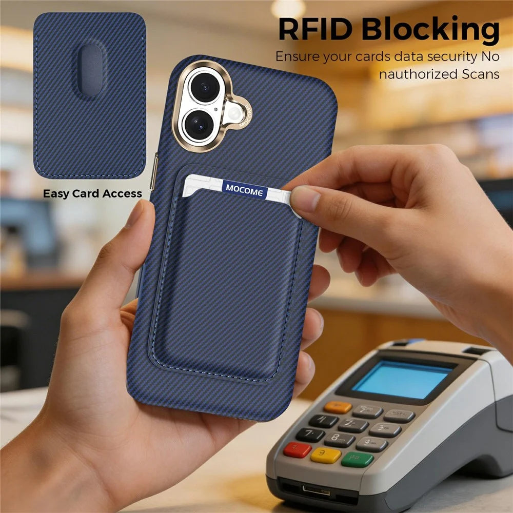 For iPhone 16 Plus Magnetic Case Carbon Fiber Texture Leather Back Phone Cover with Detachable Card Holder - Sapphire - 7
