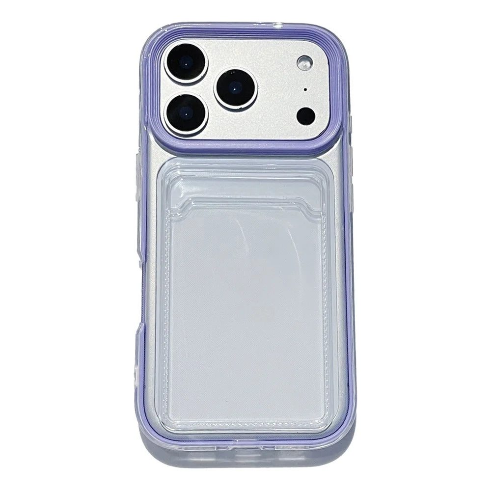 For iPhone 17 Pro Clear Case with Transparent Card Holder Shockproof PC TPU Protective Cover - Purple - 1