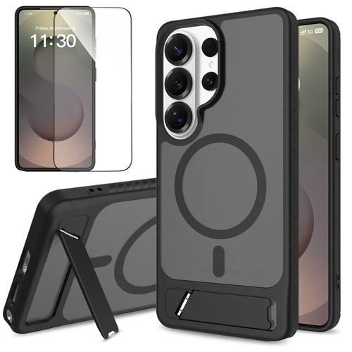 For Samsung Galaxy S26 Ultra Magnetic Case Kickstand Slim TPU PC Cover with Tempered Glass Screen Protector - Black - 1