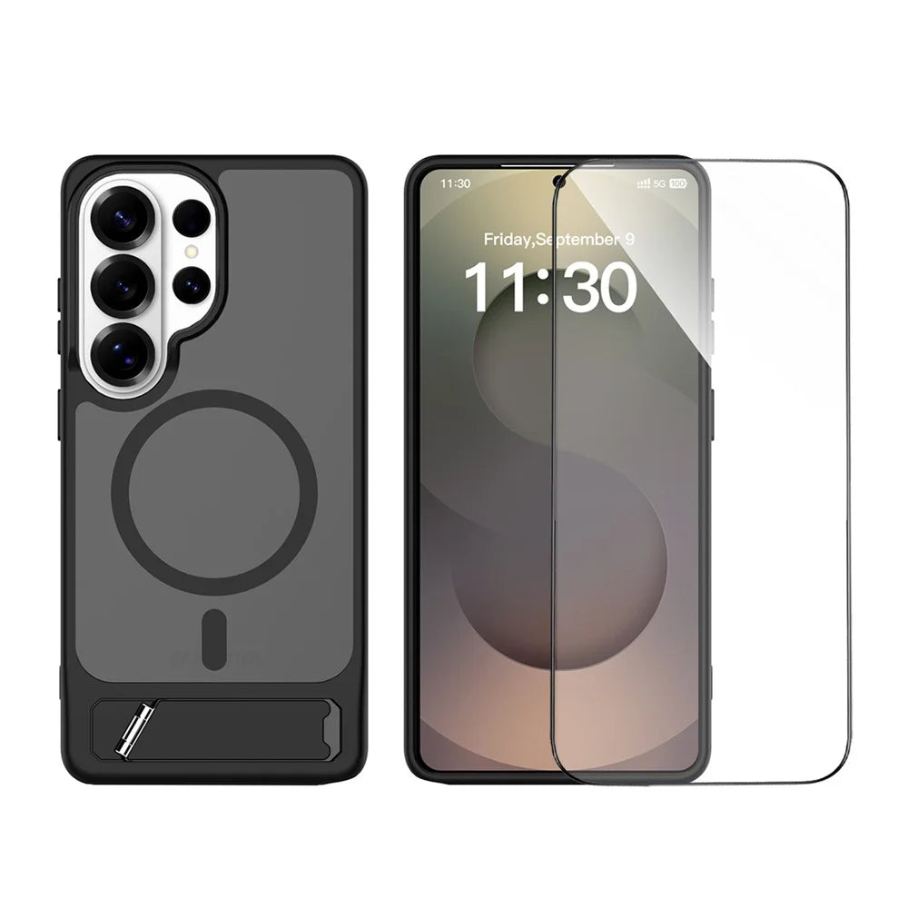 For Samsung Galaxy S26 Ultra Magnetic Case Kickstand Slim TPU PC Cover with Tempered Glass Screen Protector - Black - 2