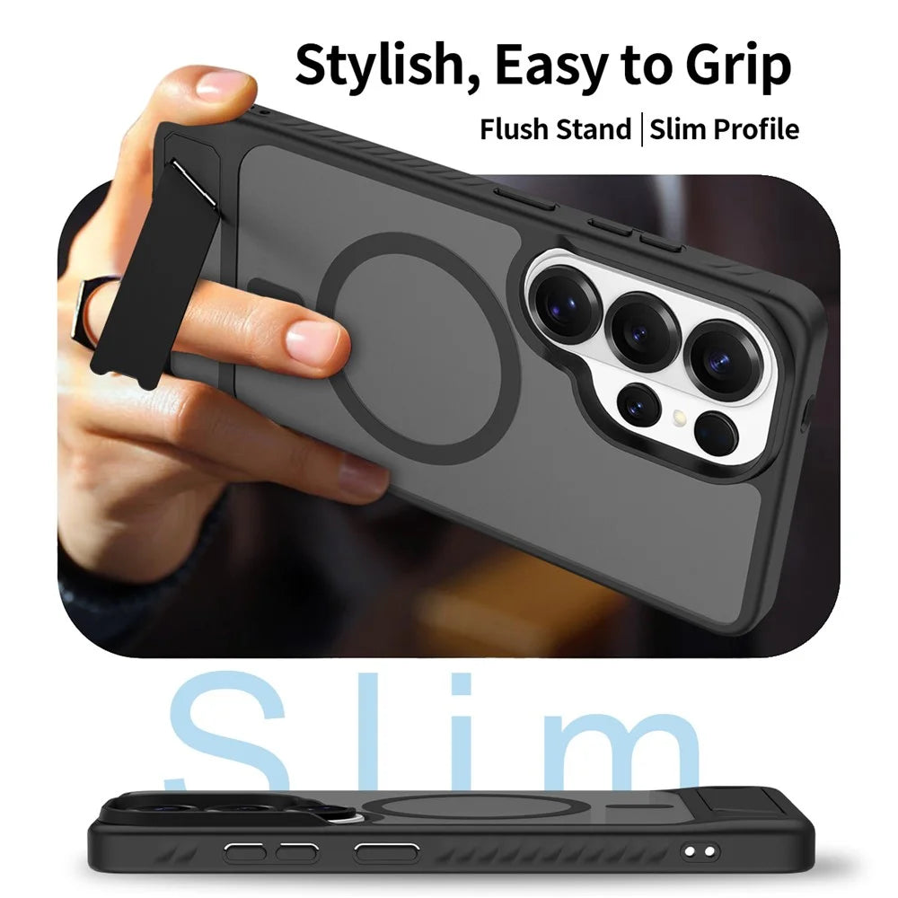 For Samsung Galaxy S26 Ultra Magnetic Case Kickstand Slim TPU PC Cover with Tempered Glass Screen Protector - Black - 4