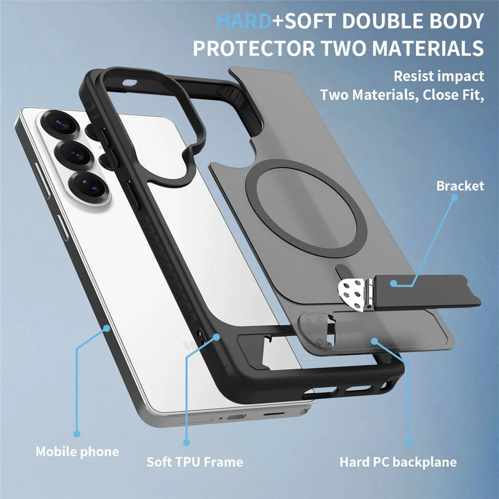 For Samsung Galaxy S26 Ultra Magnetic Case Kickstand Slim TPU PC Cover with Tempered Glass Screen Protector - Black - 7