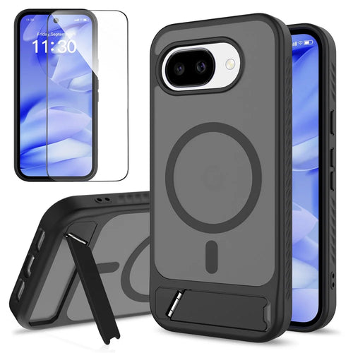 For Google Pixel 10a Magnetic Case Kickstand Slim TPU PC Cover with Tempered Glass Screen Protector - Black - 1