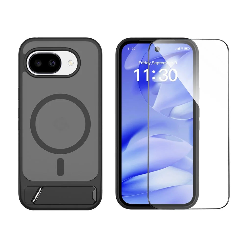 For Google Pixel 10a Magnetic Case Kickstand Slim TPU PC Cover with Tempered Glass Screen Protector - Black - 2