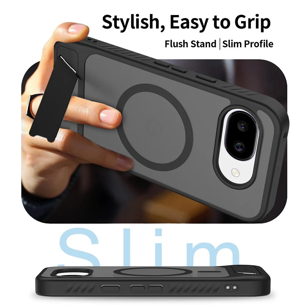 For Google Pixel 10a Magnetic Case Kickstand Slim TPU PC Cover with Tempered Glass Screen Protector - Black - 4