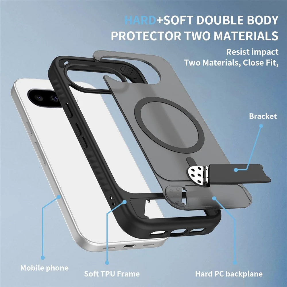 For Google Pixel 10a Magnetic Case Kickstand Slim TPU PC Cover with Tempered Glass Screen Protector - Black - 7
