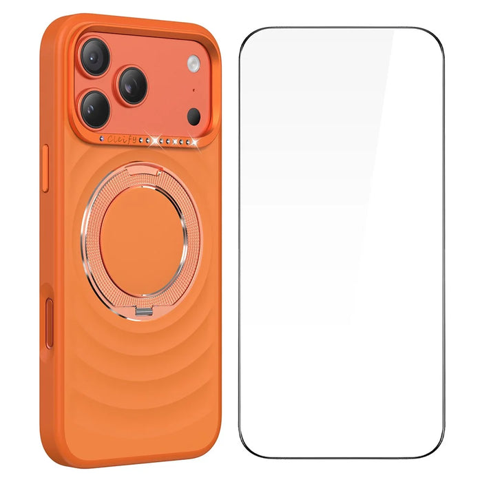 For iPhone 17 Pro Max Magnetic Case with 360° Rotating Ring Stand Wave Ripple Cover + Tempered Glass Screen Protector - Orange - 1