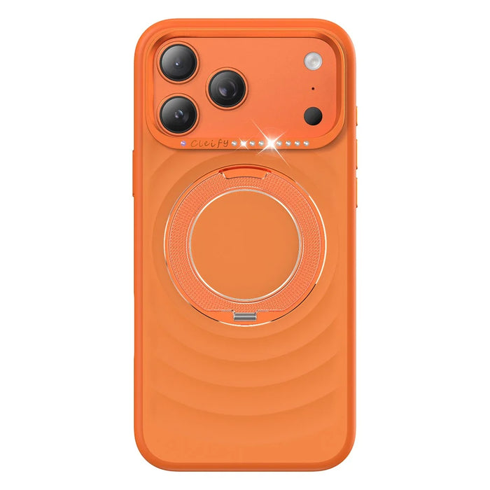 For iPhone 17 Pro Max Magnetic Case with 360° Rotating Ring Stand Wave Ripple Cover + Tempered Glass Screen Protector - Orange - 2