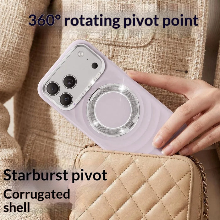 For iPhone 17 Pro Max Magnetic Case with 360° Rotating Ring Stand Wave Ripple Cover + Tempered Glass Screen Protector - Orange - 6