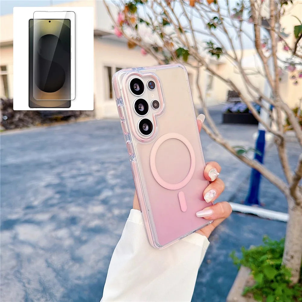 For Samsung Galaxy S26 Ultra Gradient Magnetic Case with Tempered Glass Screen Protector Shockproof TPU PC Clear Cover - Pink - 1