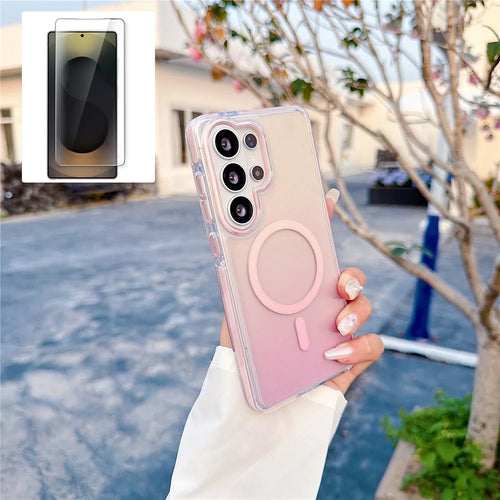 For Samsung Galaxy S26 Ultra Gradient Magnetic Case with Tempered Glass Screen Protector Shockproof TPU PC Clear Cover - Pink - 1