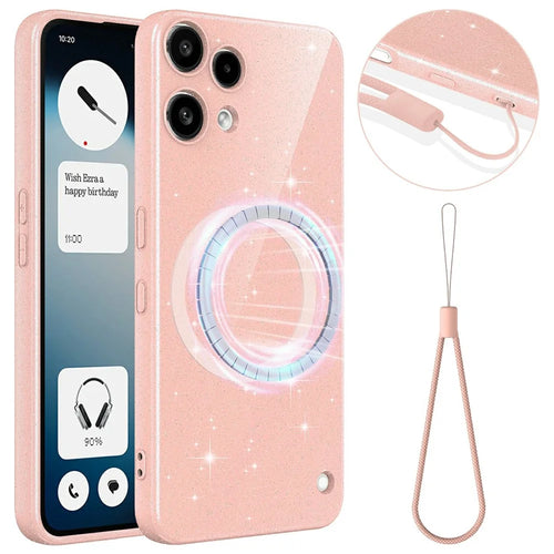 For Nothing Phone (3a) Lite 5G Magnetic Case Glitter TPU Shockproof Phone Cover with Lanyard - Pink - 1