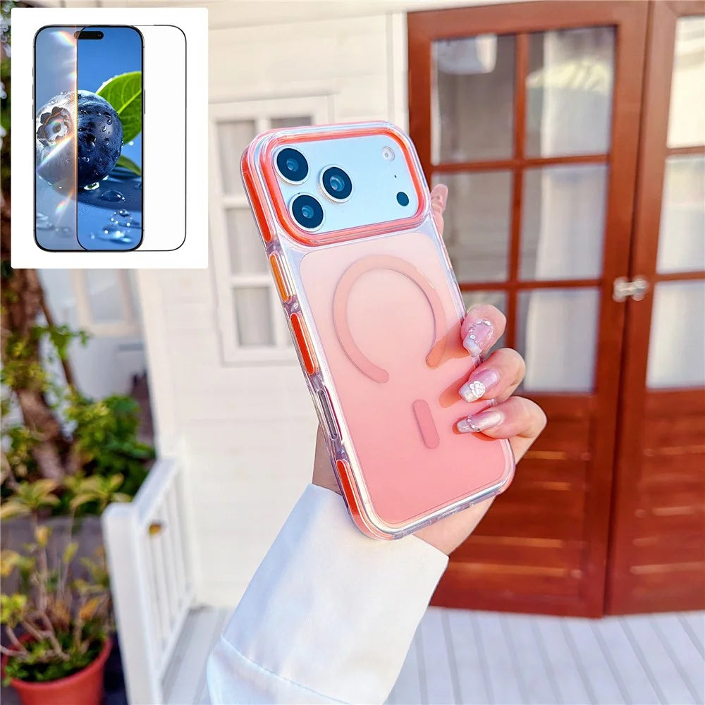 For iPhone 17 Pro Gradient Magnetic Case with Tempered Glass Screen Protector Shockproof TPU PC Clear Cover - Orange - 1