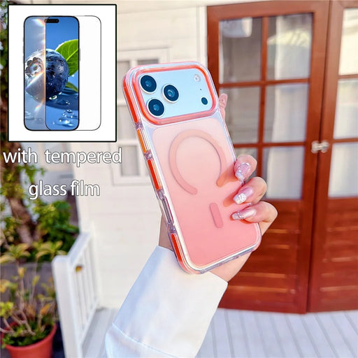For iPhone 17 Pro Gradient Magnetic Case with Tempered Glass Screen Protector Shockproof TPU PC Clear Cover - Orange - 2