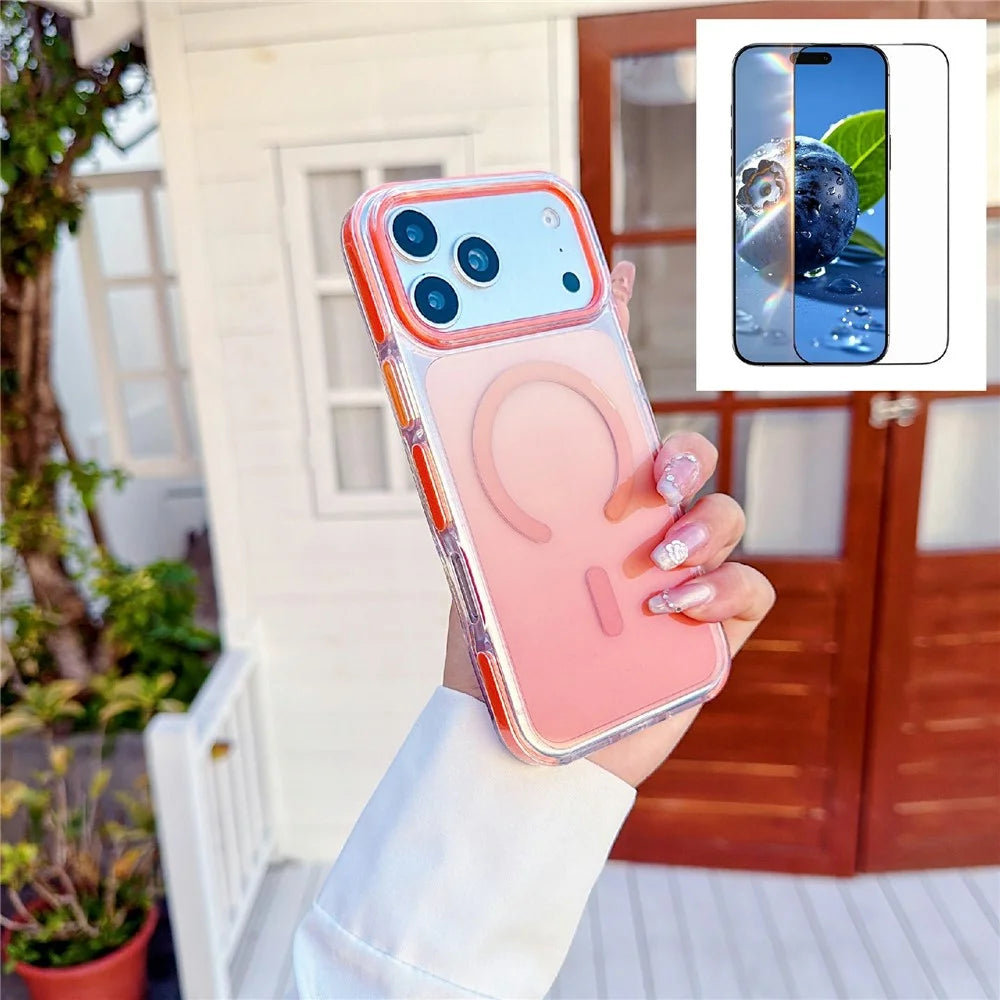 For iPhone 17 Pro Max Gradient Magnetic Case with Tempered Glass Screen Protector Shockproof TPU PC Clear Cover - Orange - 1