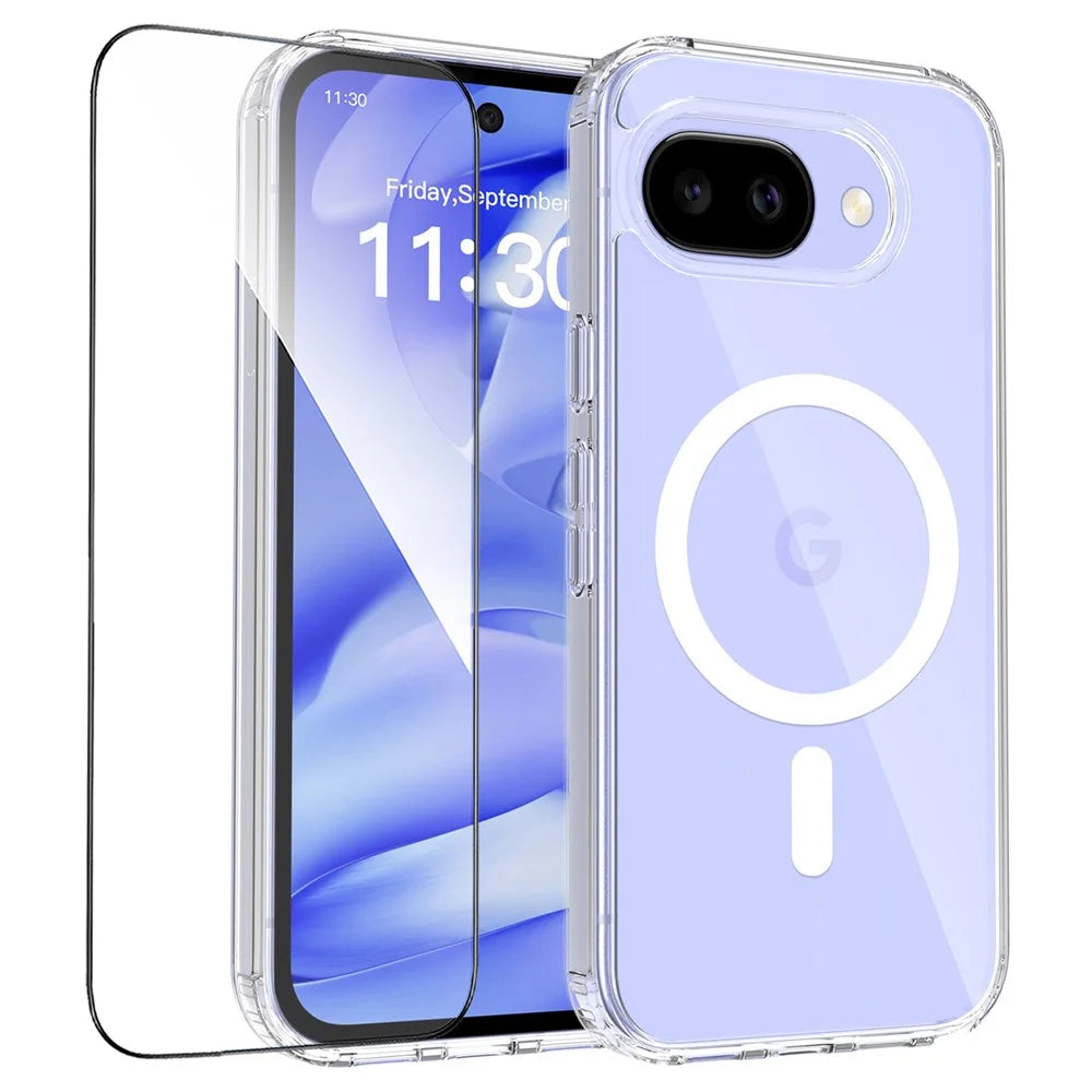 For Google Pixel 10a Magnetic Case Shockproof Acrylic Clear Cover with Tempered Glass Screen Protector - Transparent - 1