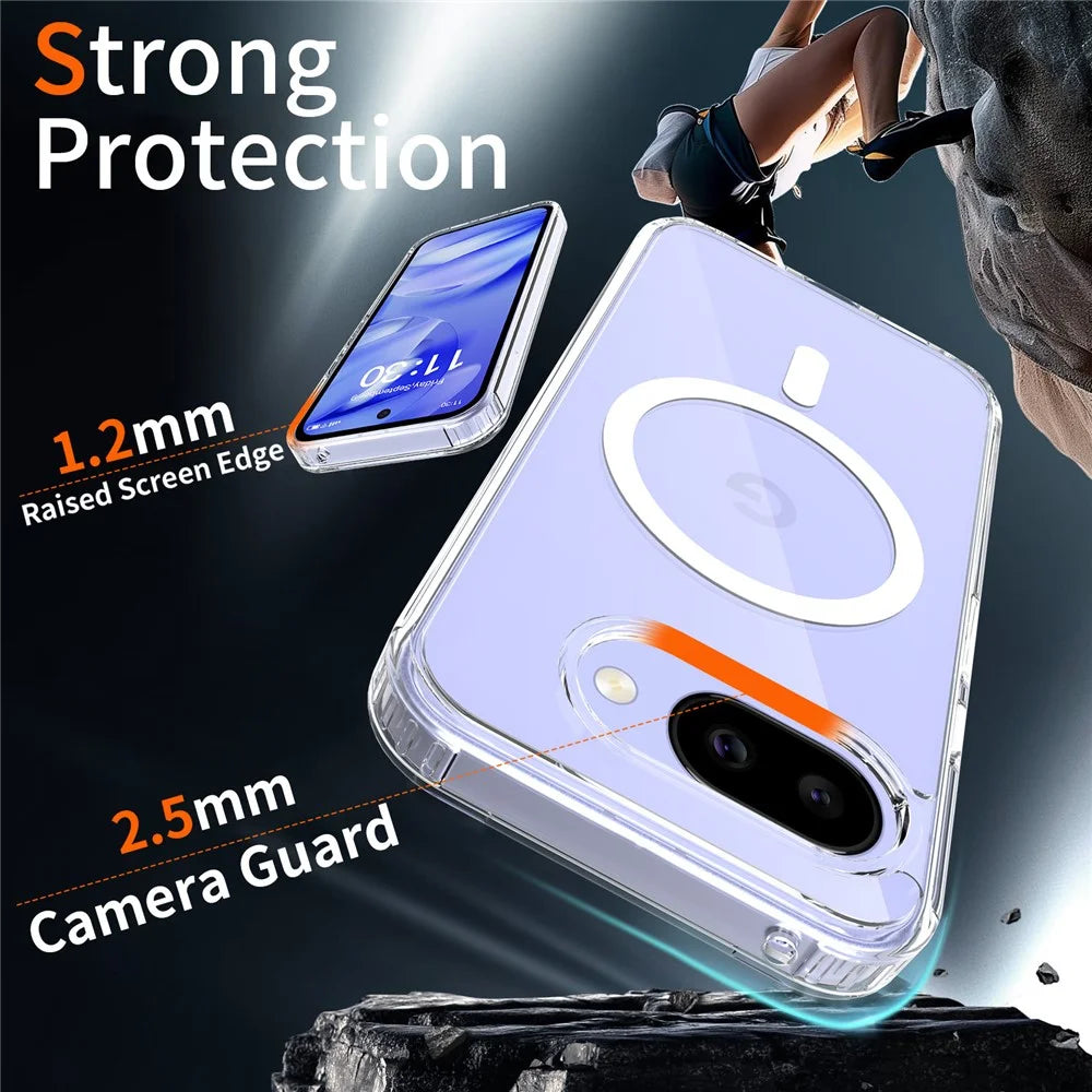 For Google Pixel 10a Magnetic Case Shockproof Acrylic Clear Cover with Tempered Glass Screen Protector - Transparent - 2
