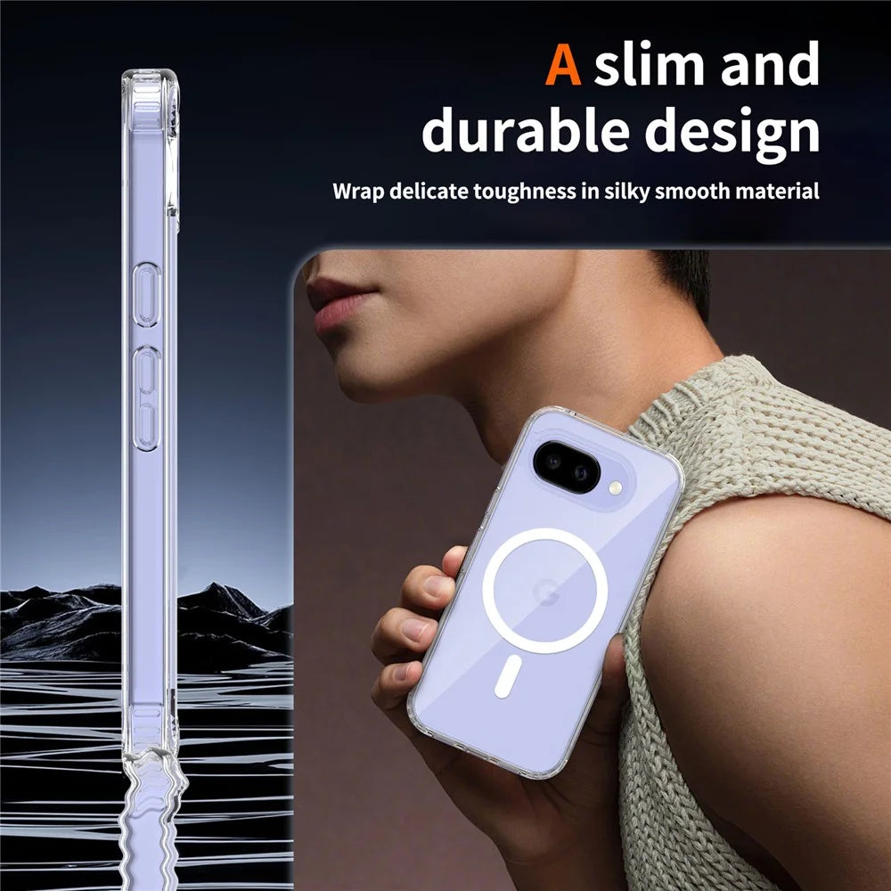 For Google Pixel 10a Magnetic Case Shockproof Acrylic Clear Cover with Tempered Glass Screen Protector - Transparent - 6
