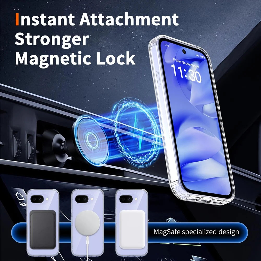 For Google Pixel 10a Magnetic Case Shockproof Acrylic Clear Cover with Tempered Glass Screen Protector - Transparent - 7