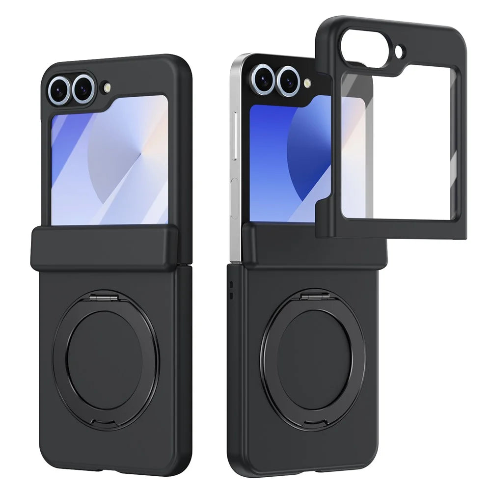 For Samsung Galaxy Z Flip6 5G Foldrable Case 360° Rotating Alloy Kickstand Hinge Protection Shockproof Cover with Glass Film - Black - 1
