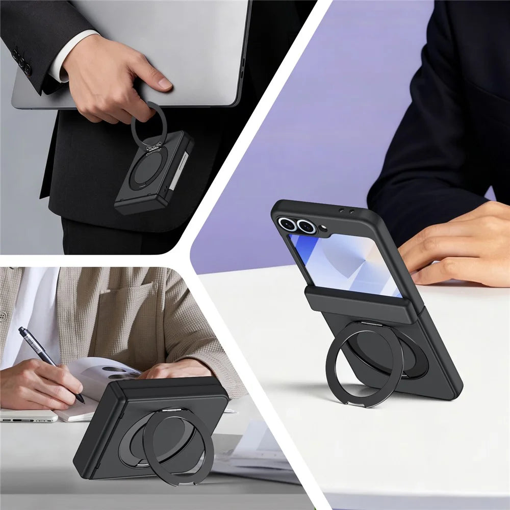 For Samsung Galaxy Z Flip6 5G Foldrable Case 360° Rotating Alloy Kickstand Hinge Protection Shockproof Cover with Glass Film - Black - 2