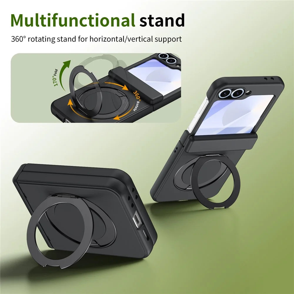 For Samsung Galaxy Z Flip6 5G Foldrable Case 360° Rotating Alloy Kickstand Hinge Protection Shockproof Cover with Glass Film - Black - 3