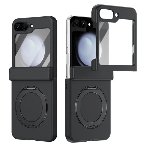 For Samsung Galaxy Z Flip5 5G Foldrable Case 360° Rotating Alloy Kickstand Hinge Protection Shockproof Cover with Glass Film - Black - 1