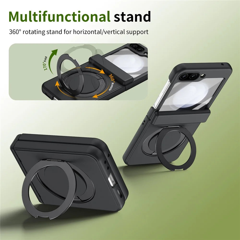 For Samsung Galaxy Z Flip5 5G Foldrable Case 360° Rotating Alloy Kickstand Hinge Protection Shockproof Cover with Glass Film - Black - 3