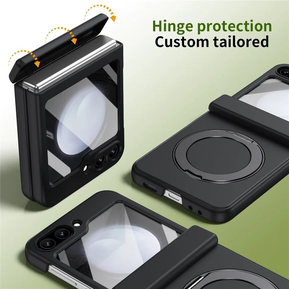 For Samsung Galaxy Z Flip5 5G Foldrable Case 360° Rotating Alloy Kickstand Hinge Protection Shockproof Cover with Glass Film - Black - 4