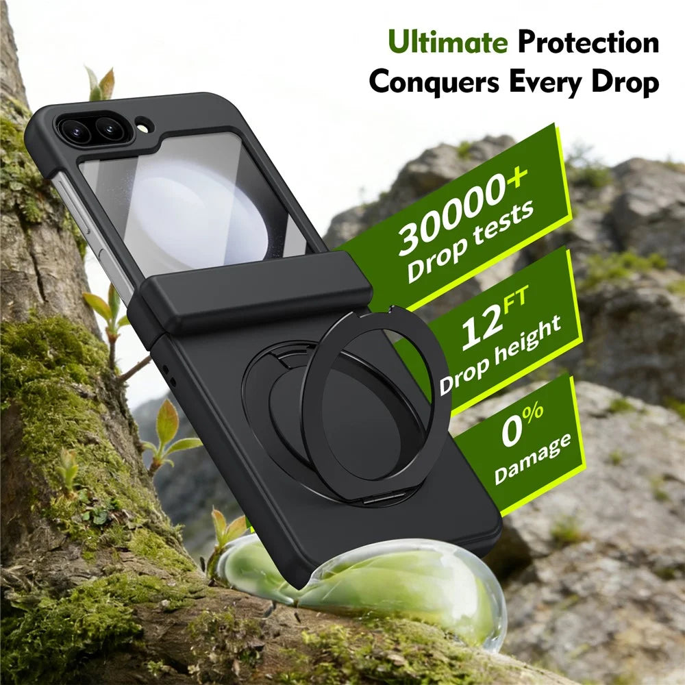 For Samsung Galaxy Z Flip5 5G Foldrable Case 360° Rotating Alloy Kickstand Hinge Protection Shockproof Cover with Glass Film - Black - 5