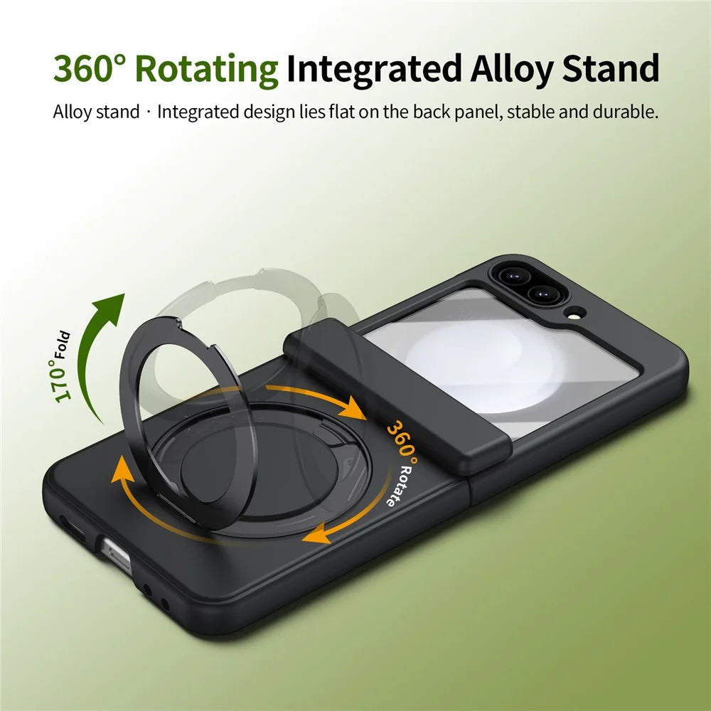 For Samsung Galaxy Z Flip5 5G Foldrable Case 360° Rotating Alloy Kickstand Hinge Protection Shockproof Cover with Glass Film - Black - 6